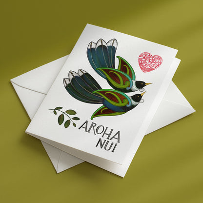 new zealand greeting card with tui and aroha nui