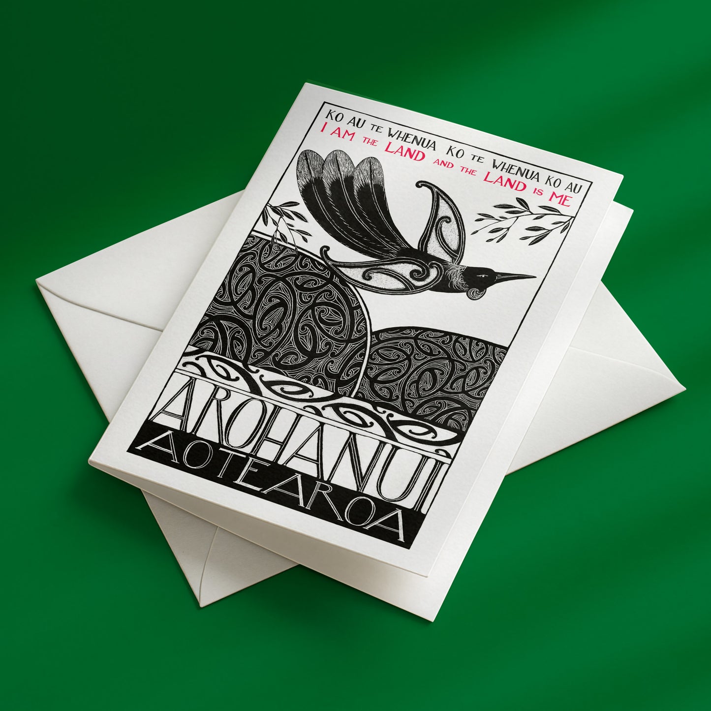 Greeting card with Maori text and design on a green background