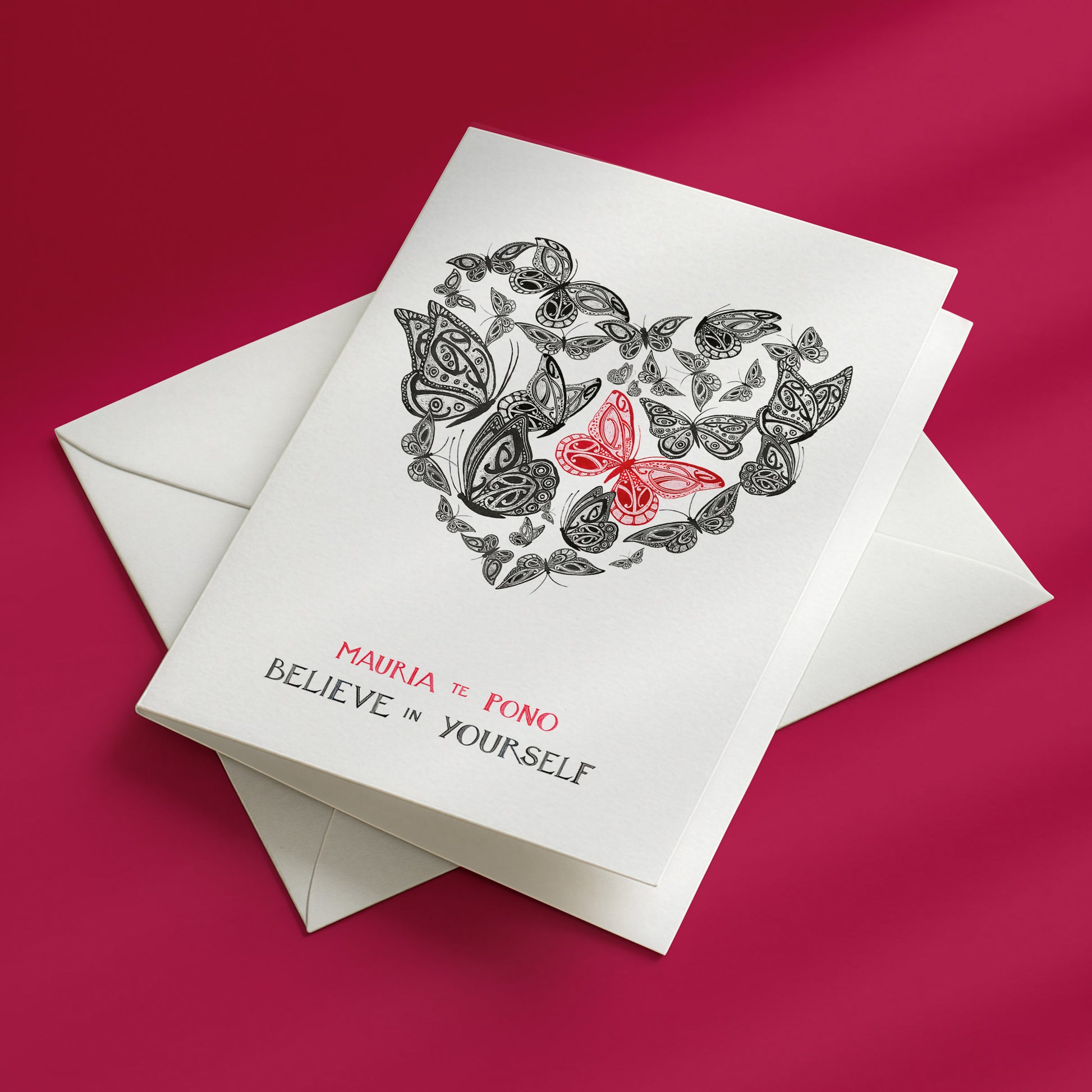 New Zealand Greeting card with butterfly design andte reo maori mauria te pono believe in yourself