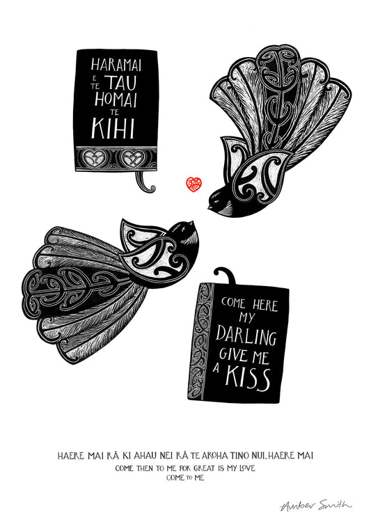 Romantic te reo Māori art print with piwakawaka and love message