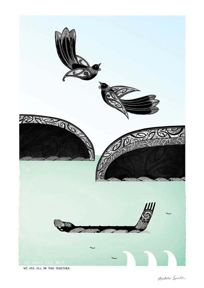 he waka eke noa we are all in this together whakatauki with tui birds wka sea and hills