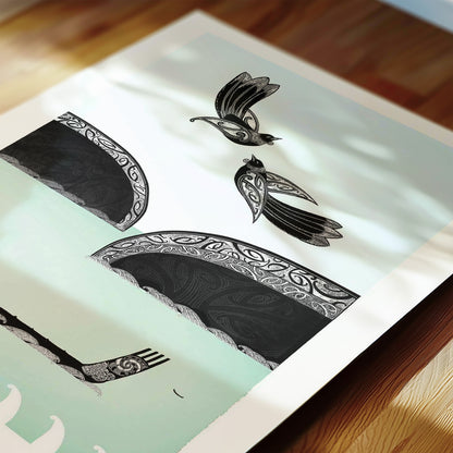 Detail of Aotearoa tūī art print, He Waka Eke Noa – We Are All in This Together, featuring tūī flying above a waka on the sea, with hills and flowing kōwhaiwhai patterns representing connection, unity and working together.