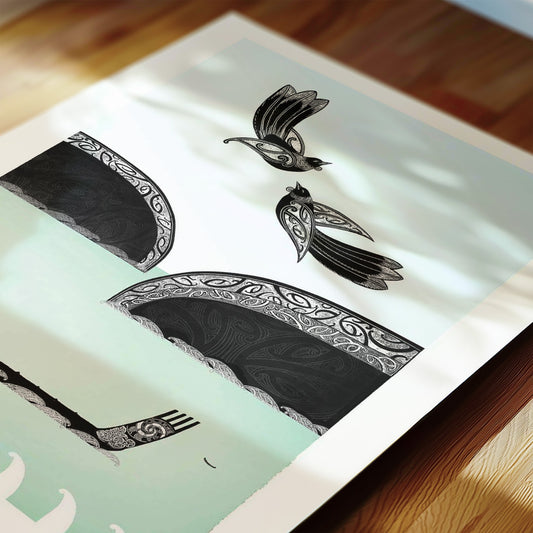 Detail of Aotearoa tūī art print, He Waka Eke Noa – We Are All in This Together, featuring tūī flying above a waka on the sea, with hills and flowing kōwhaiwhai patterns representing connection, unity and working together.