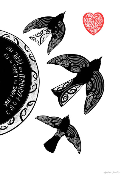 Hei Rere Mai - You have the wings to fly limited edition fine art print by Amber Smith nz artist. With maori art design birds and words in te reo Maori and english. This whakatauki or maori proverb is about encouragement. ~ E āi ō harihau hei rere mai