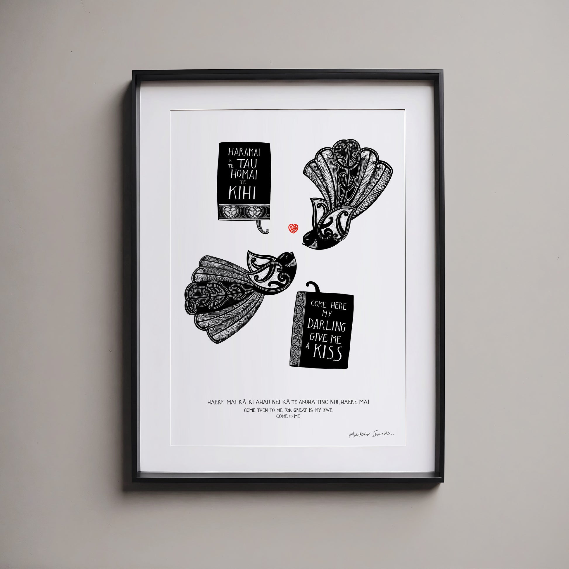 Romantic te reo Māori art print with piwakawaka and love message
