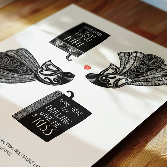 Romantic te reo Māori art print with piwakawaka and love message