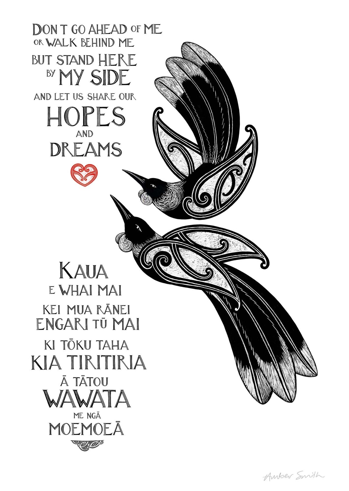 Our Hopes and Dreams New Zealand tūī love art print for couples, featuring two tūī flying side by side and a blessing in te reo Māori and English. A wedding or anniversary gift celebrating love, partnership and a shared future.In black and white