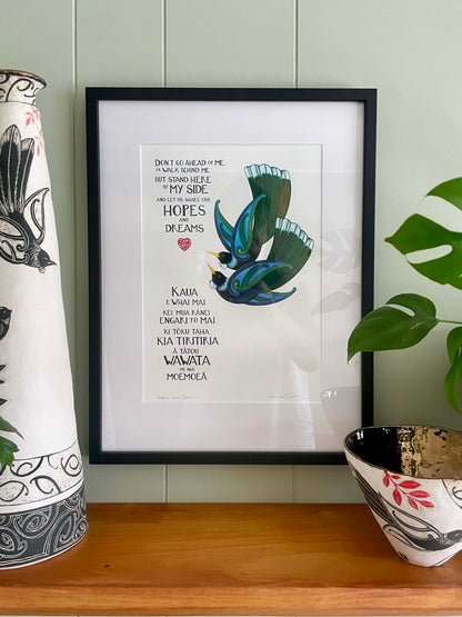 maori te reo and english art print with tui birds