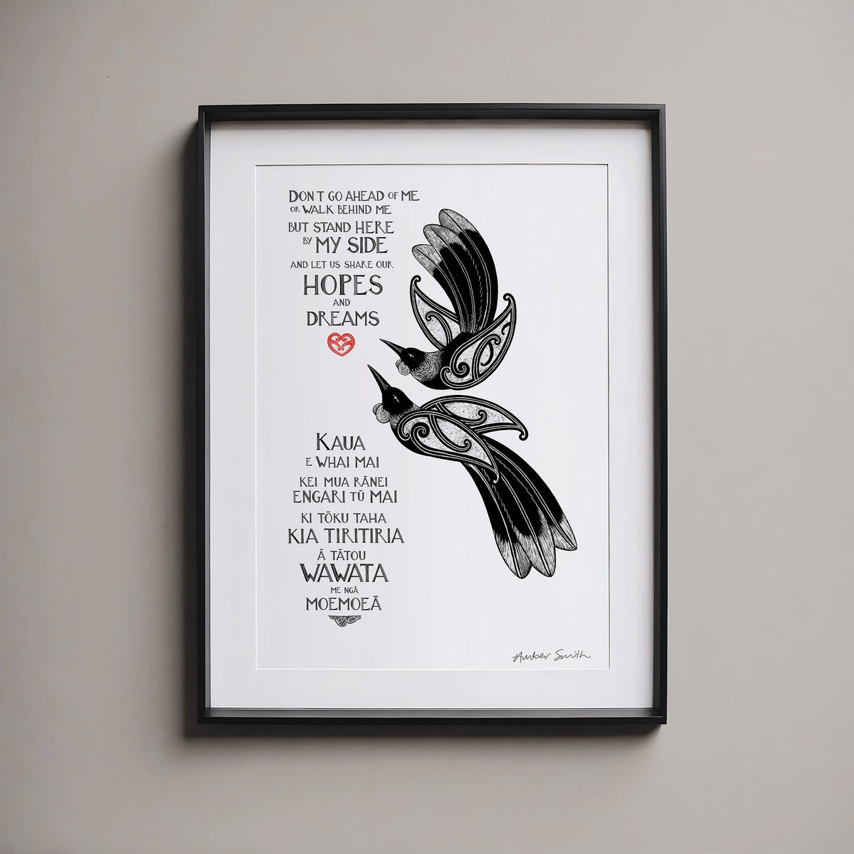 Our Hopes and Dreams New Zealand tūī love art print for couples, featuring two tūī flying side by side and a blessing in te reo Māori and English. A wedding or anniversary gift celebrating love, partnership and a shared future. Framed black and white print.