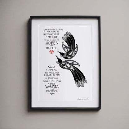 Our Hopes and Dreams New Zealand tūī love art print for couples, featuring two tūī flying side by side and a blessing in te reo Māori and English. A wedding or anniversary gift celebrating love, partnership and a shared future. Framed black and white print.