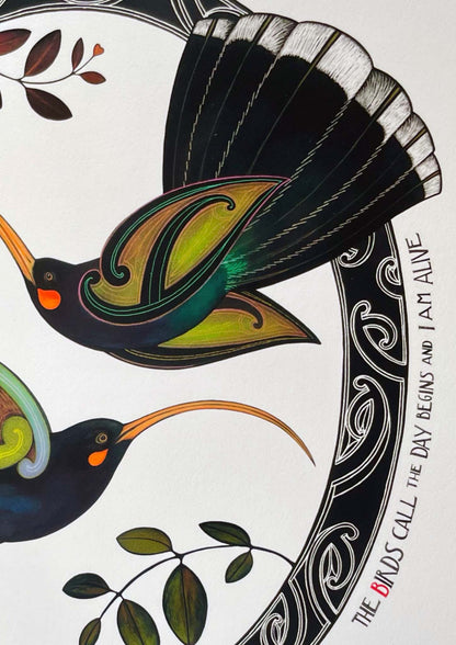 Huia nz art print by amber smith - maori art birds and kowhaiwhai oval - te reo maori and english whakatauki- maori proverb - the birds call the day begins and I am alive
