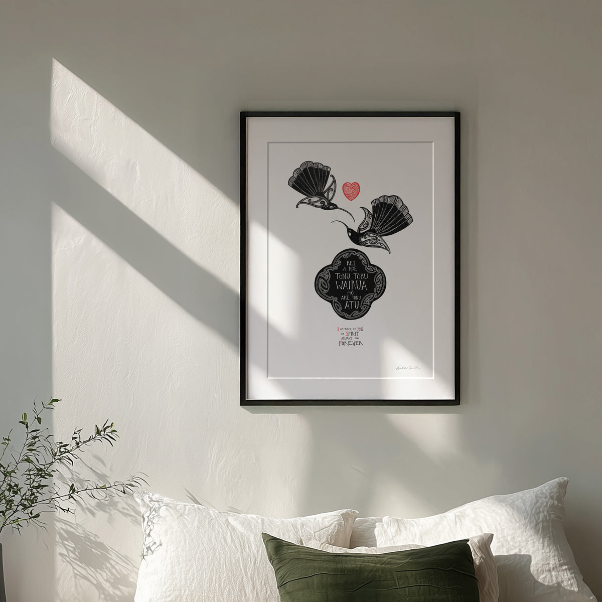 Framed Aotearoa huia bird art print, I Am There by You in Spirit – Huia Wairua, featuring a pair of huia representing a lasting spiritual connection with someone you love, even across distance or time.