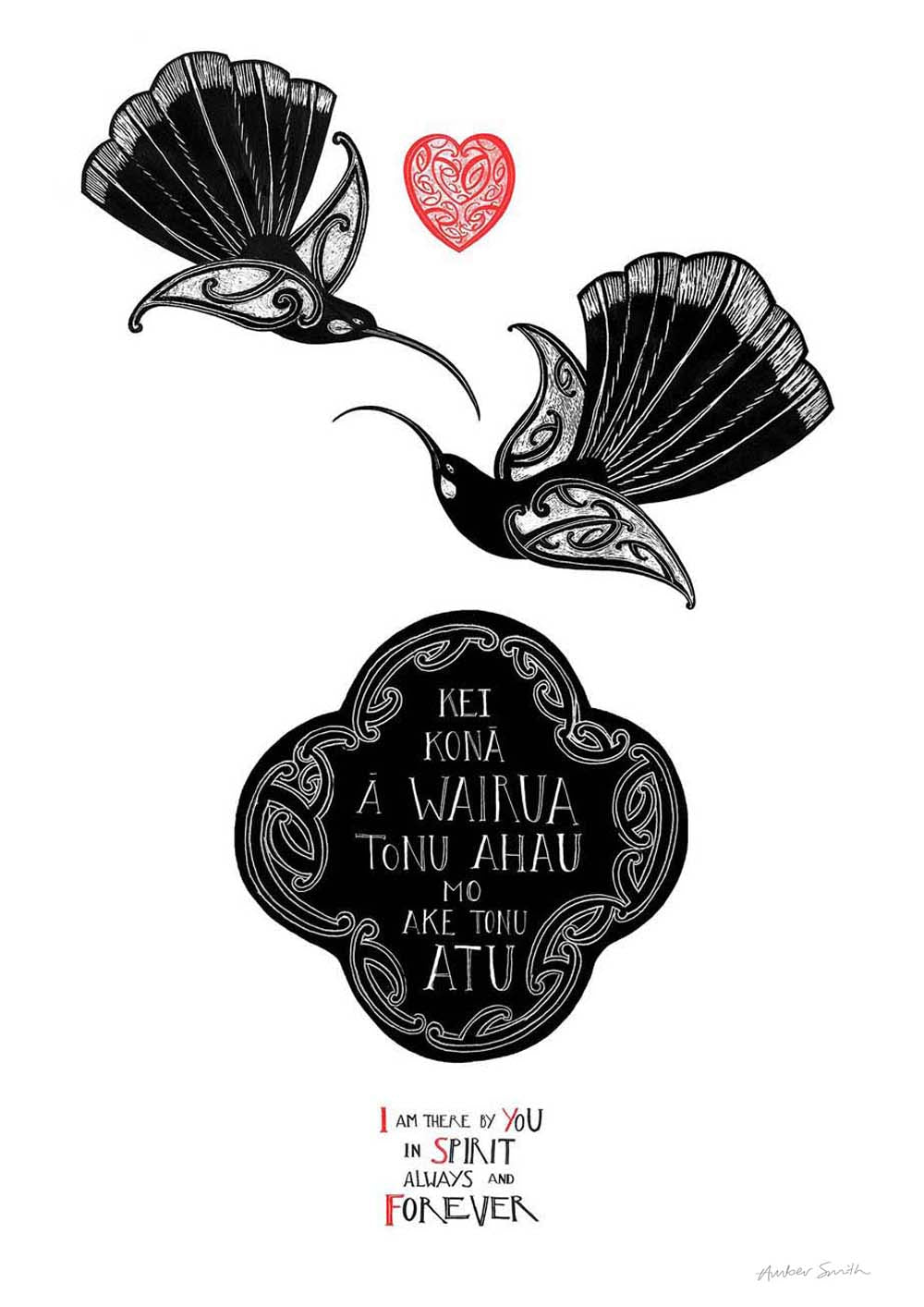 te reo maori art print with the words i am with you in spirit always and forever - two huia birds and an aroha heart