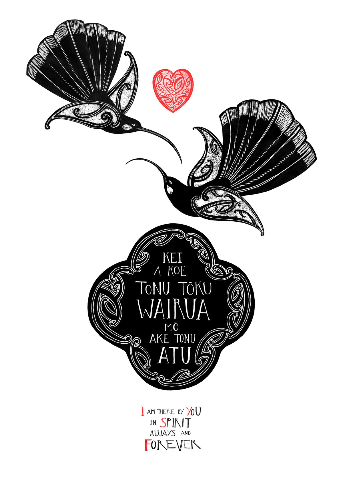 New Zealand huia bird art print, I Am There by You in Spirit – Huia Wairua, featuring a pair of huia representing a lasting spiritual connection with someone you love, even across distance or time.