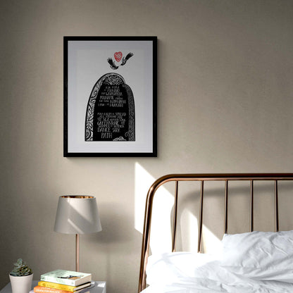 Framed Karakia 1 print with maori art design tui birds and aroha heart . May calm spread all around you, may the sea glisten like greenstone, and the shimmer of summer dance across your path. Kia horo te marino blessing. words are in te reo Maori and english translation. By Amber Smith nz artist.