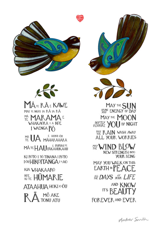 Hand-painted piwakawaka fantails carrying te reo Māori daily blessing karakia