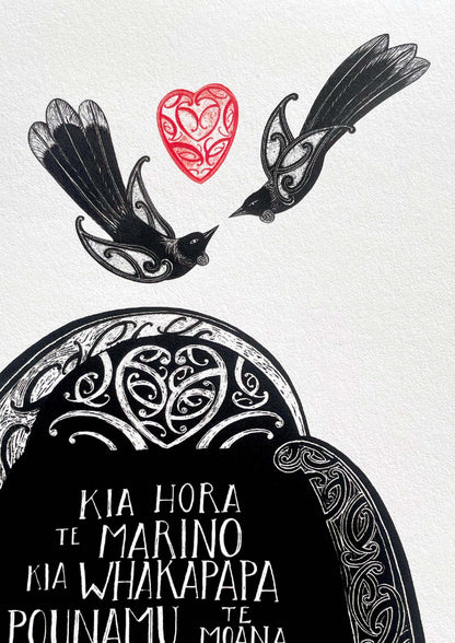 Detail of Karakia 1 print with maori art design tui birds and aroha heart . May calm spread all around you, may the sea glisten like greenstone, and the shimmer of summer dance across your path. Kia horo te marino blessing. words are in te reo Maori and english translation. By Amber Smith nz artist.