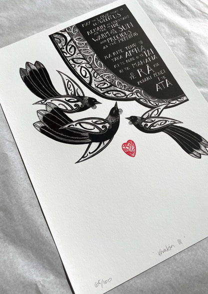 Karakia 3 print - May the love that is between us remain as constant as the tide, as warm as the sun, and as precious as the morning. Maori art design tui birds and aroha love heart with words in te reo Maori and english translation Limited edition fine art by Amber Smith nz artist.