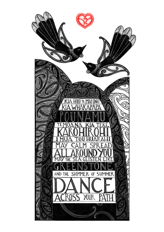 Kia horo te marino blessing art print with maori art tui birds and words in te reo maori and english by Nz artist Amber Smith