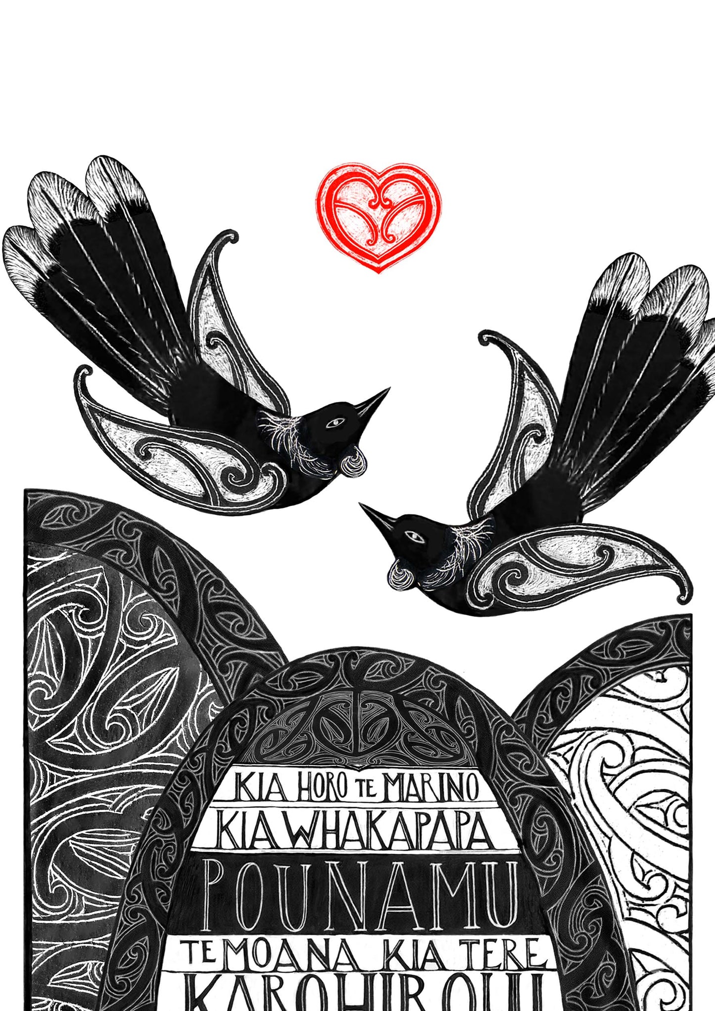 close up of the tui birds in Kia horo te marino blessing art print with maori art and words in te reo maori and english by Nz artist Amber Smith