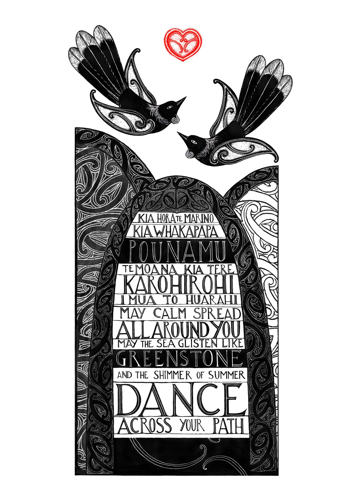 te reo maori art illustration of a karakia blessing with tui birds