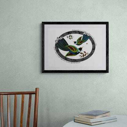 Framed Kia kaha Tui nz art print with maori art tui birds flying in a koru oval with an aroha love heart. Maori proverb in te reo maori and english Amber Smith New Zealand Aotearoa.