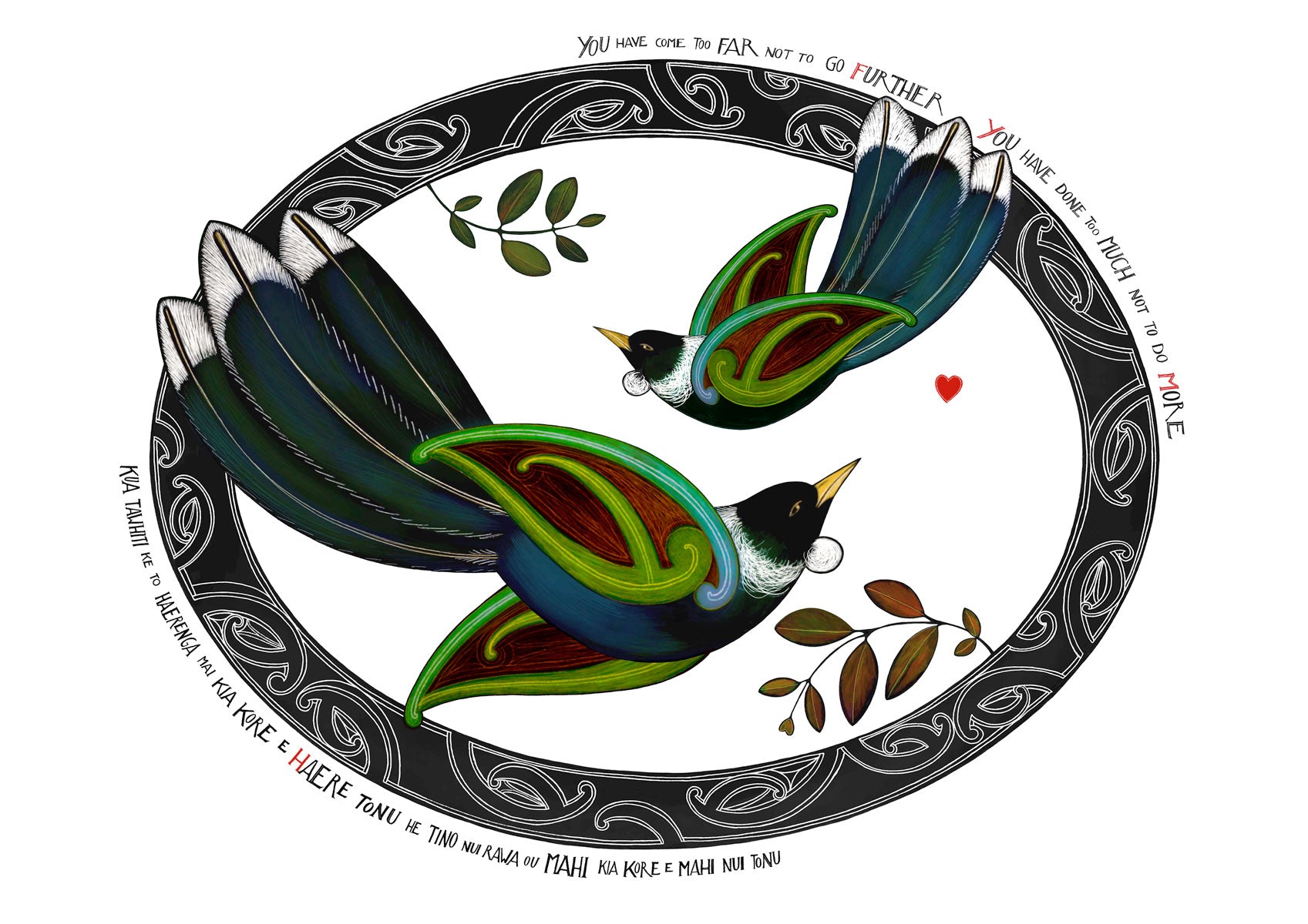Kia kaha Tui nz art print with maori art tui birds flying in a koru oval with an aroha love heart. Maori proverb in te reo maori and english Amber Smith New Zealand Aotearoa.