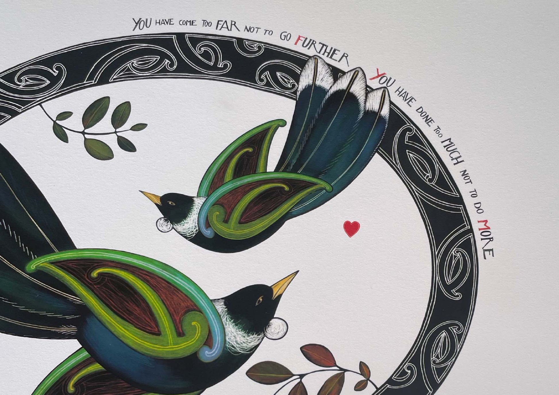 Kia kaha Tui nz art print with maori art tui birds flying in a koru oval with an aroha love heart. Maori proverb in te reo maori and english Amber Smith New Zealand Aotearoa.