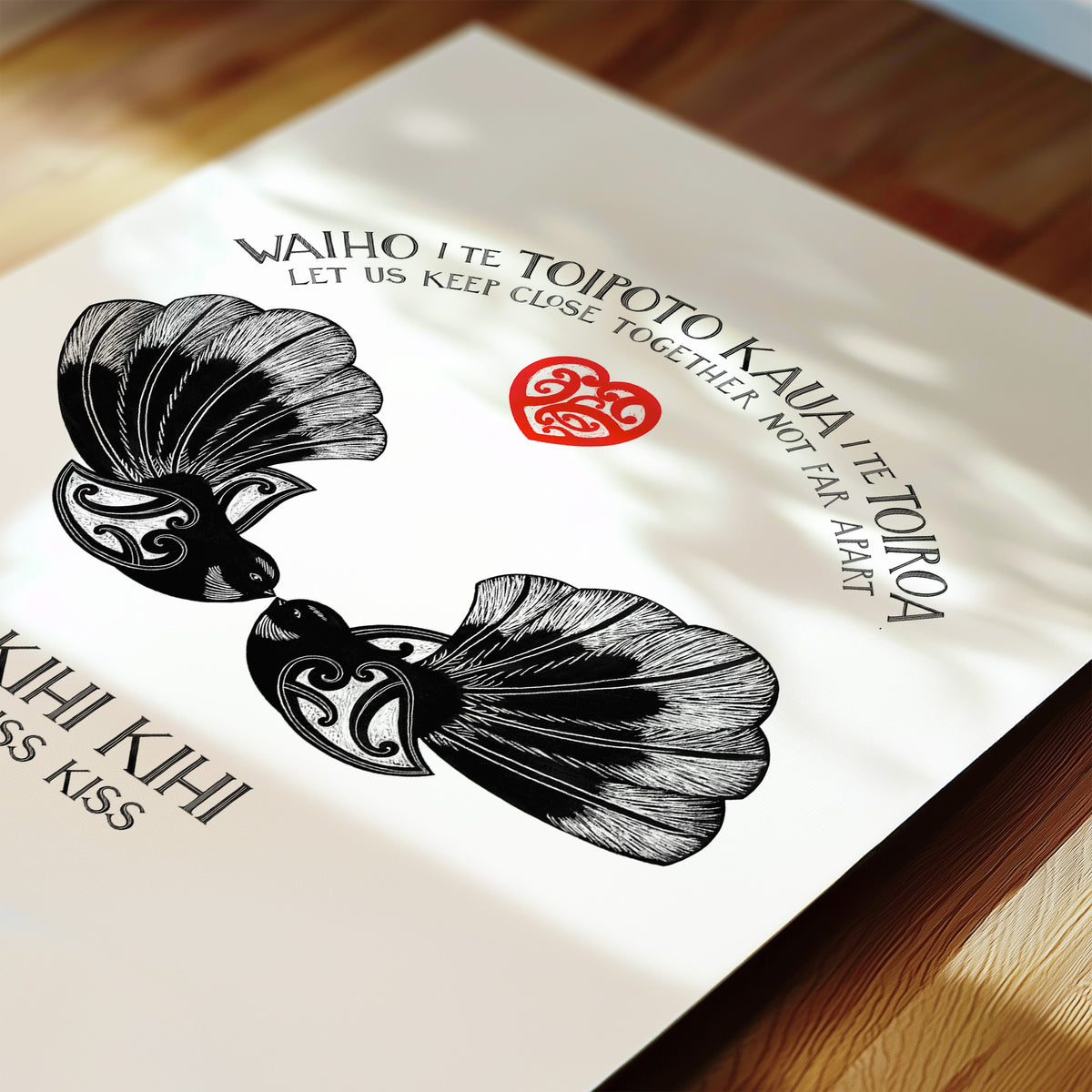 New Zealand pīwakawaka art print, Kihi Kihi – Kiss Kiss, featuring fantails symbolising love and connection, inspired by the te reo Māori whakataukī “Waiho i te toipoto, kaua i te toiroa” about staying close together. Detail of black and white version.