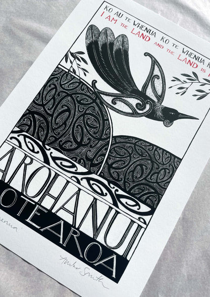 Ko au te whenua nz art print with maori art design tui and landscape with the words I am the land and the land is me - Ko au te whenua, ko te whenua ko au in te reo maori and english. A whakatauki, or maori proverb, about our connection to aotearoa new zealand . By Amber Smith nz artist.