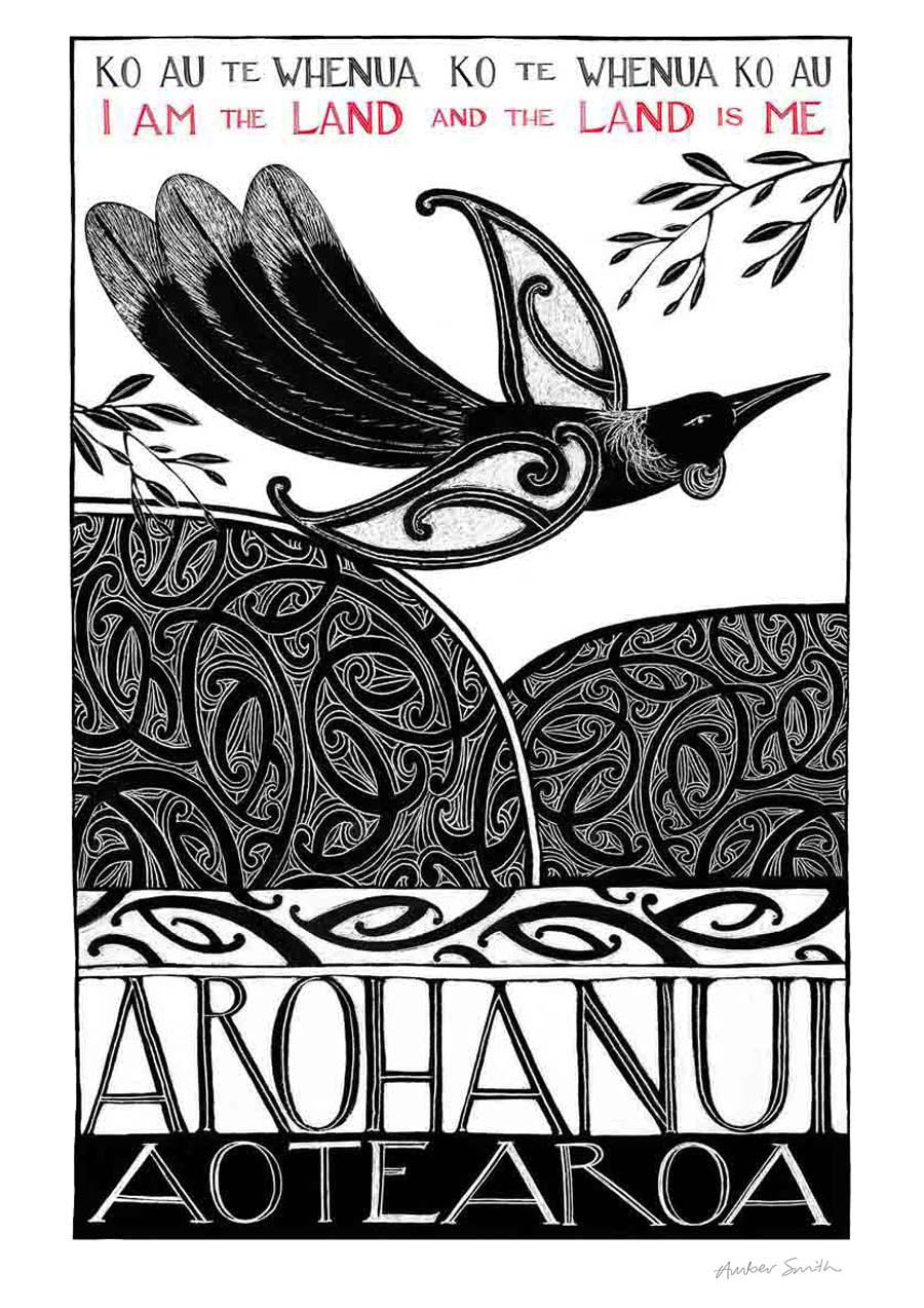 New Zealand tūī art print, Ko au te Whenua – I Am the Land, featuring a tūī flying over the land and sea, with the te reo Māori whakataukī “Ko au te whenua, ko te whenua ko au” and its English translation, “I am the land and the land is me”.