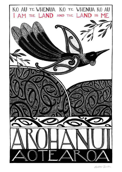 New Zealand tūī art print, Ko au te Whenua – I Am the Land, featuring a tūī flying over the land and sea, with the te reo Māori whakataukī “Ko au te whenua, ko te whenua ko au” and its English translation, “I am the land and the land is me”.