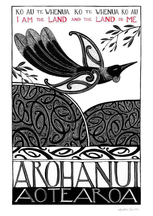 New Zealand tūī art print, Ko au te Whenua – I Am the Land, featuring a tūī flying over the land and sea, with the te reo Māori whakataukī “Ko au te whenua, ko te whenua ko au” and its English translation, “I am the land and the land is me”.