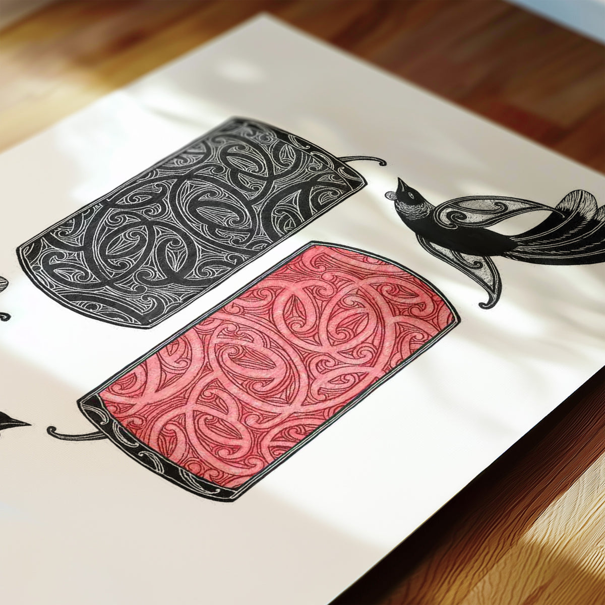 New Zealand tūī bird art print, Korero Kowhaiwhai by Amber Smith, featuring tūī calling to one another among flowing red and black kōwhaiwhai patterns inspired by the songs of Aotearoa’s native birds.