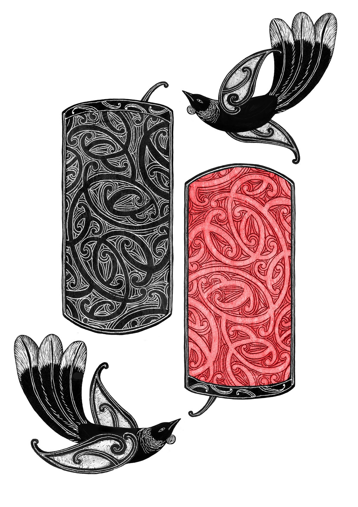 Tui birds in conversation, Māori pattern artwork of Aotearoa’s native birds