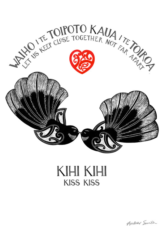 Te reo Māori art print Kihi Kihi with two fantails touching beaks and red heart