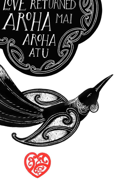 detail of nz art print with words in te reo maori and english, Aroha mai aroha atu. Maori art tui birds. By Amber Smith Nz artist.