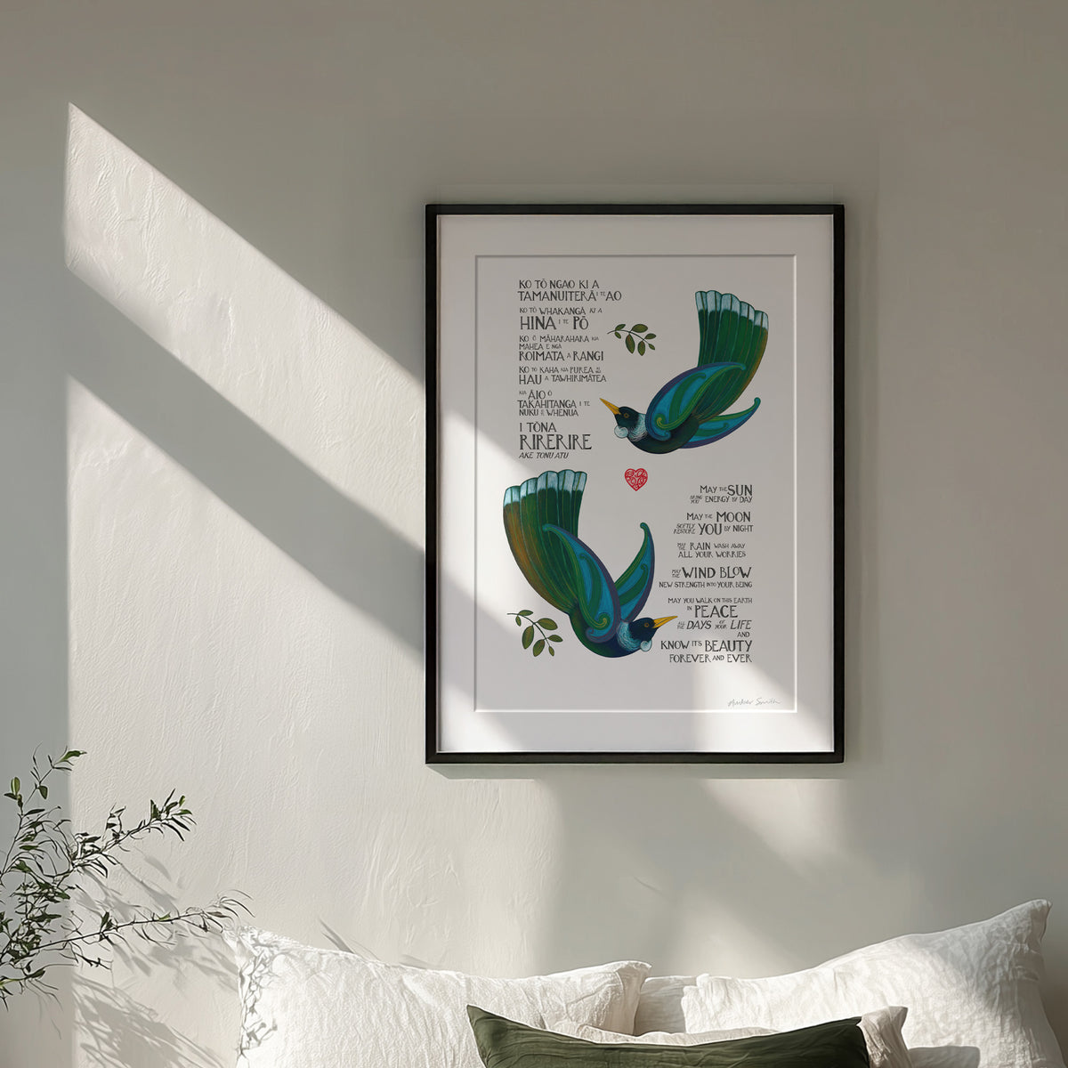Mā te Rā – May the Sun Bless You, Aotearoa art print featuring tūī birds and a  blessing in te reo Māori and English, a karakia wishing someone strength, peace and well being. Framed in black.