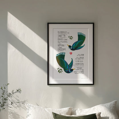 Mā te Rā – May the Sun Bless You, Aotearoa art print featuring tūī birds and a  blessing in te reo Māori and English, a karakia wishing someone strength, peace and well being. Framed in black.
