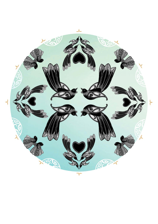 New Zealand bird art print, Manu Mandala by Amber Smith, featuring tūī and pīwakawaka flying together in a circular mandala against a hazy blue background, reflecting the beauty of Aotearoa’s native birds.