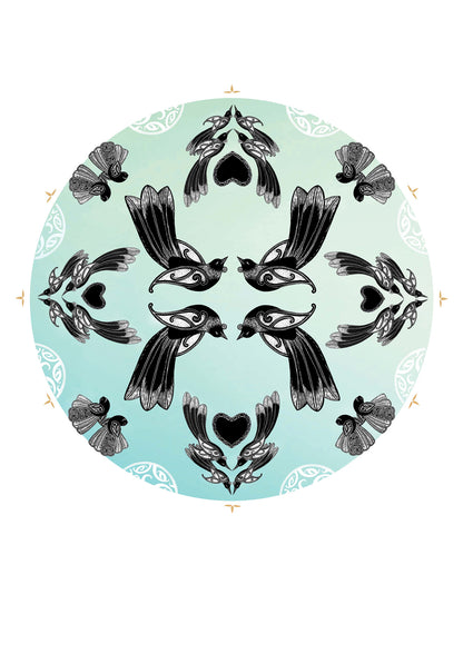 Manu mandala print with maori art design tui and fantail. Manu is the te reo maori name for bird. limited edition fine art print by Amber Smith nz artist.