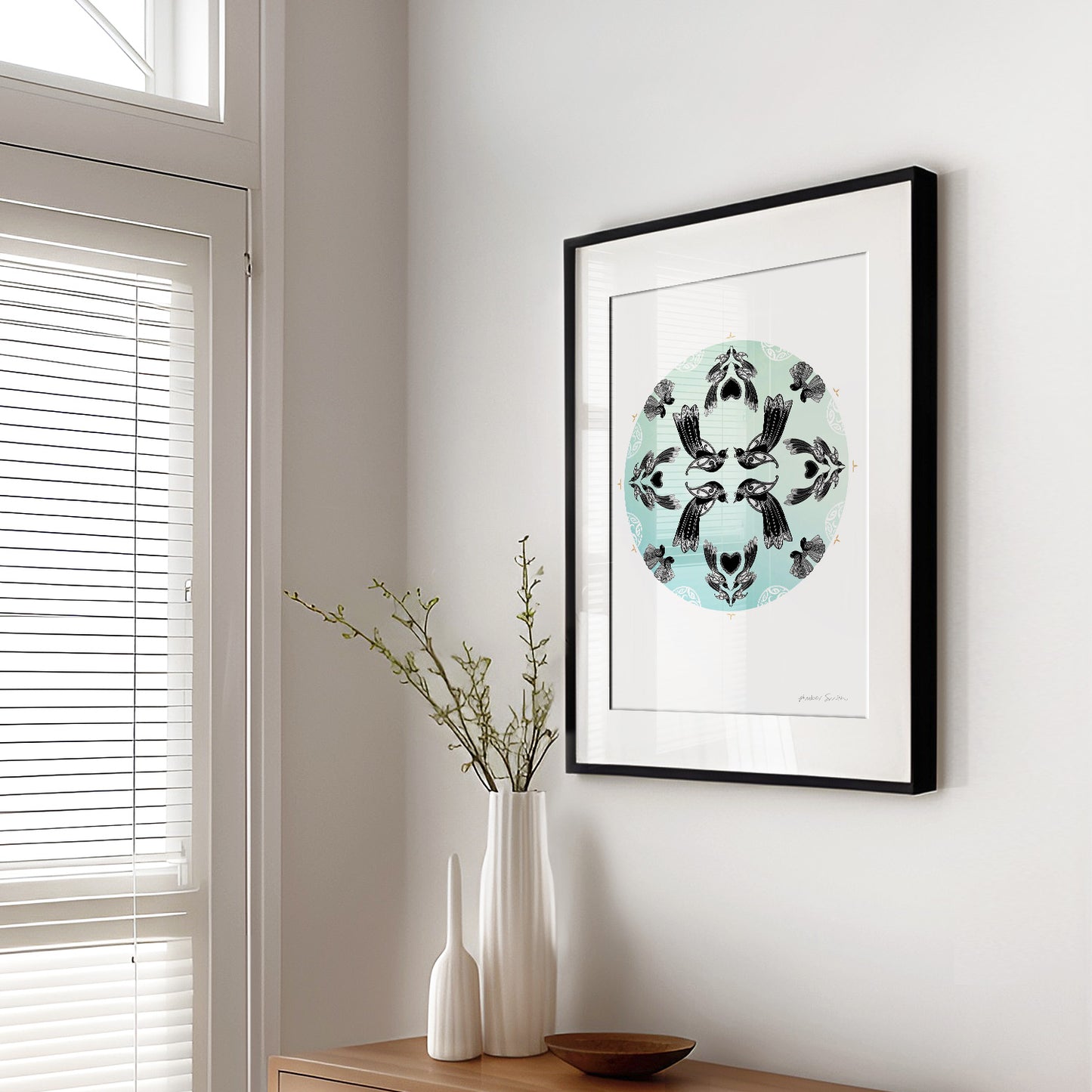 Manu mandala print with maori art design tui and fantail. Manu is the te reo maori name for bird. limited edition fine art print by Amber Smith nz artist.
