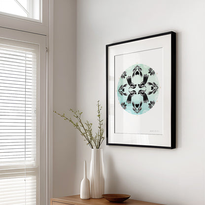 Manu mandala print with maori art design tui and fantail. Manu is the te reo maori name for bird. limited edition fine art print by Amber Smith nz artist.
