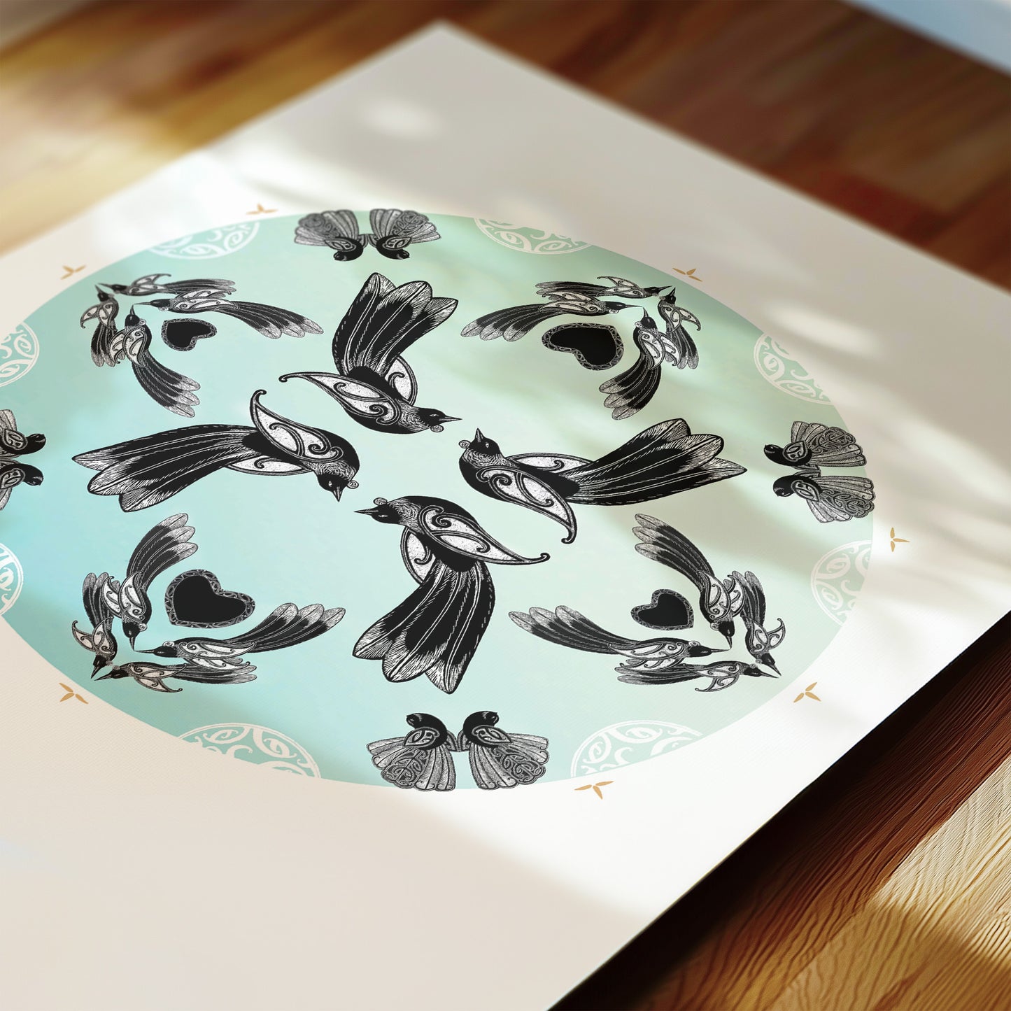 Manu mandala print with maori art design tui and fantail. Manu is the te reo maori name for bird. limited edition fine art print by Amber Smith nz artist.
