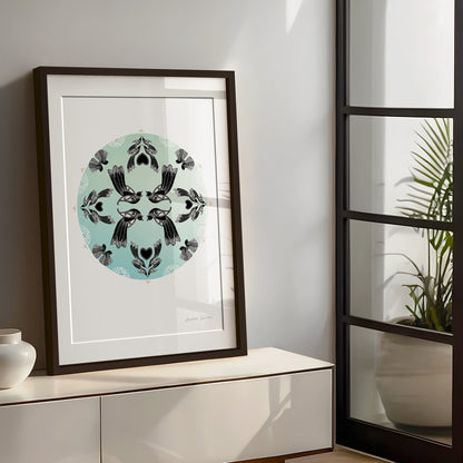 Manu mandala print with maori art design tui and fantail. Manu is the te reo maori name for bird. limited edition fine art print by Amber Smith nz artist.