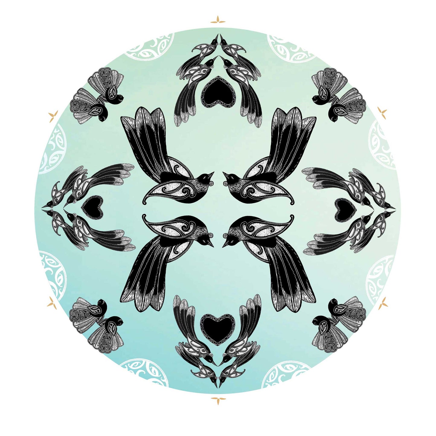 Manu mandala print with maori art design tui and fantail. Manu is the te reo maori name for bird. limited edition fine art print by Amber Smith nz artist.