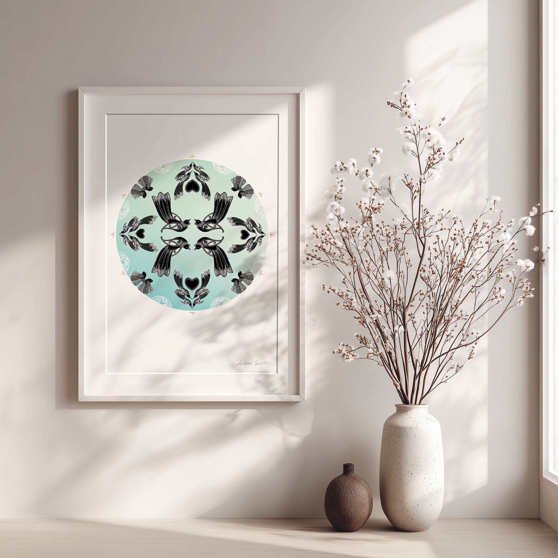 Manu mandala print with maori art design tui and fantail. Manu is the te reo maori name for bird. limited edition fine art print by Amber Smith nz artist.