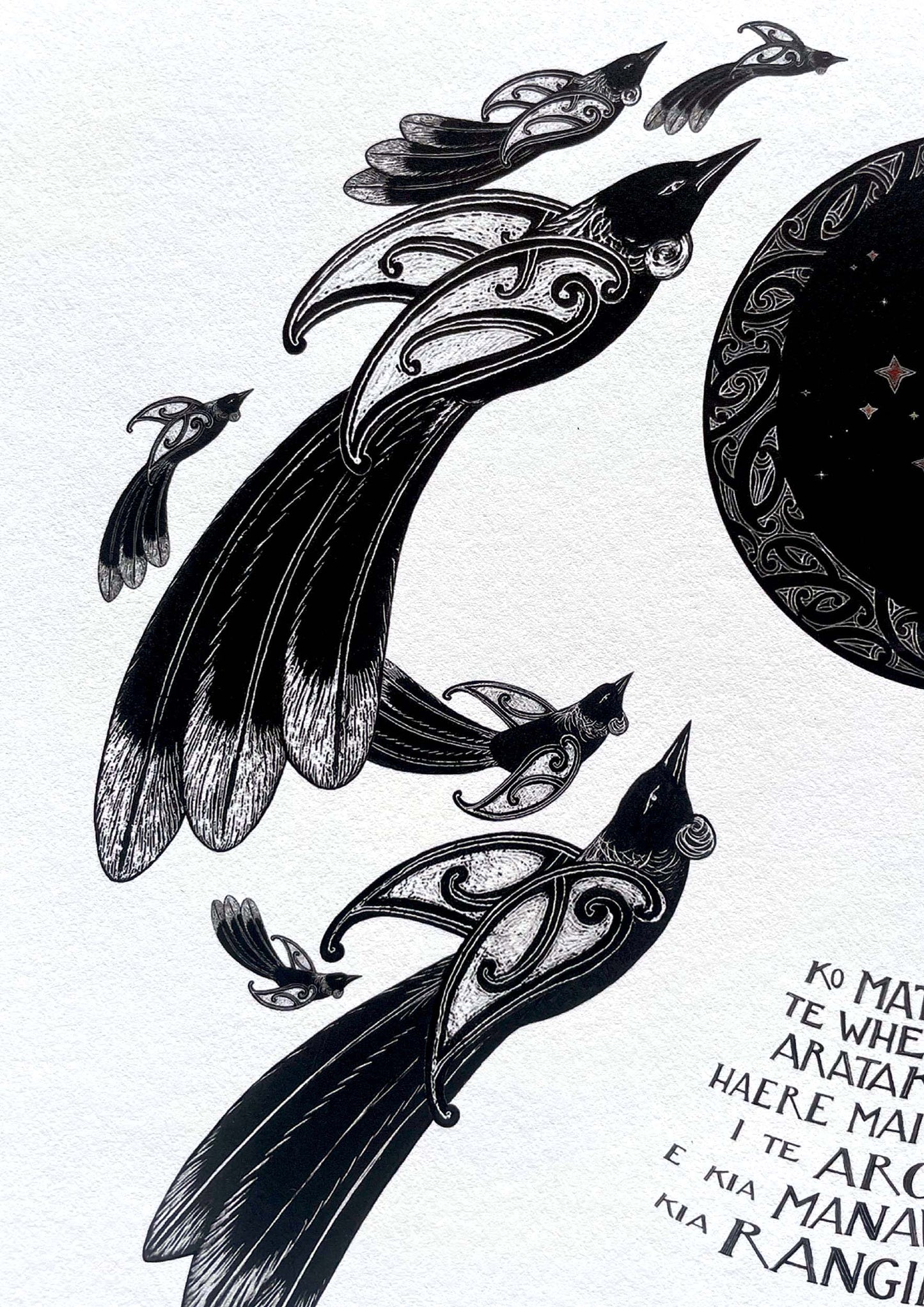 Detail of Matariki nz art print, with maori art design tui and stars of matariki. te reo Maori and English translation words. By Amber Smith.