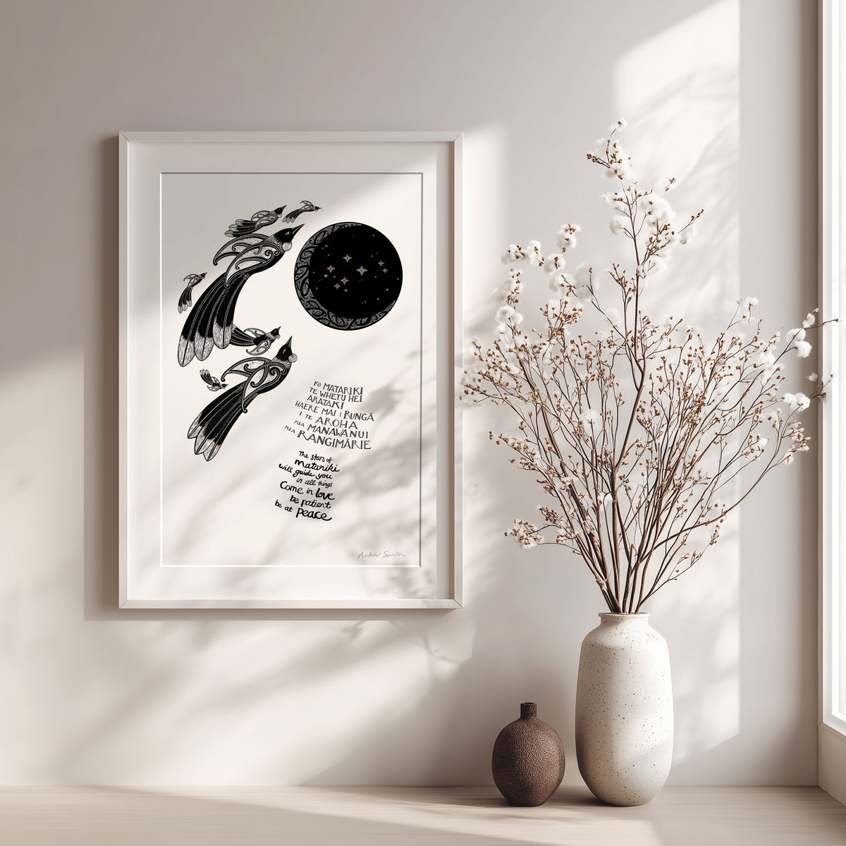 Framed Aotearoa Matariki art print, The Stars of Matariki, featuring a Matariki blessing in te reo Māori and English about love, patience and peace, and remembering loved ones who continue to guide us like stars in the sky.