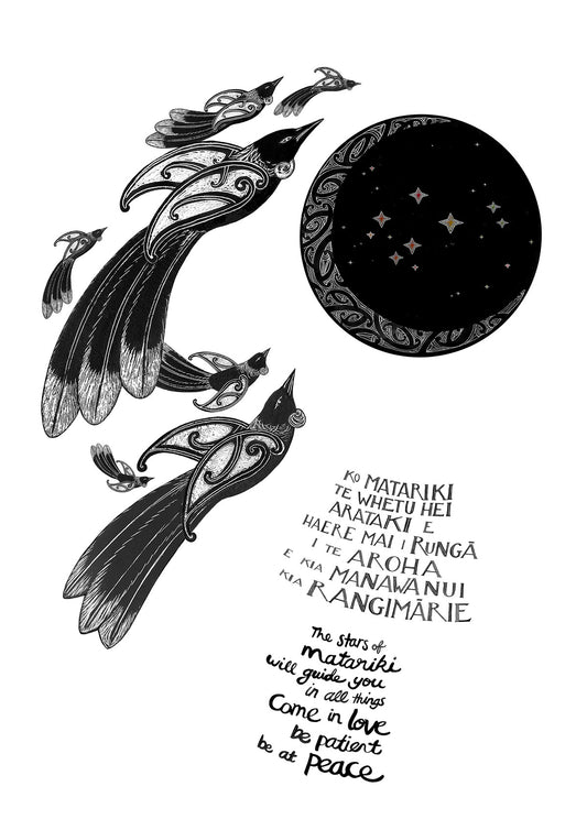 Matariki nz art print, inspired by tuini ngawai with maori art design tui and stars of matariki in te reo Maori and English translation words. By Amber Smith.